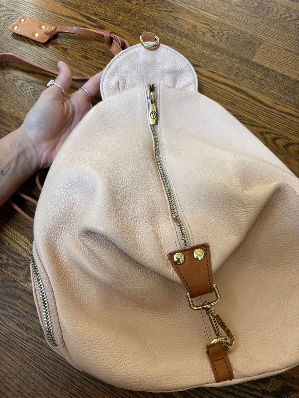 Blush Pink soft Leather Drawstring Multi Backpack w Tan Trim Valentina Italia